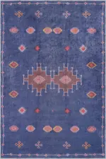 Avila Modern Etnik Lacivert Polyester ve Pamuklu Kaydırmaz Tabanlı Yıkanabilir Dijital Baskı Halısı