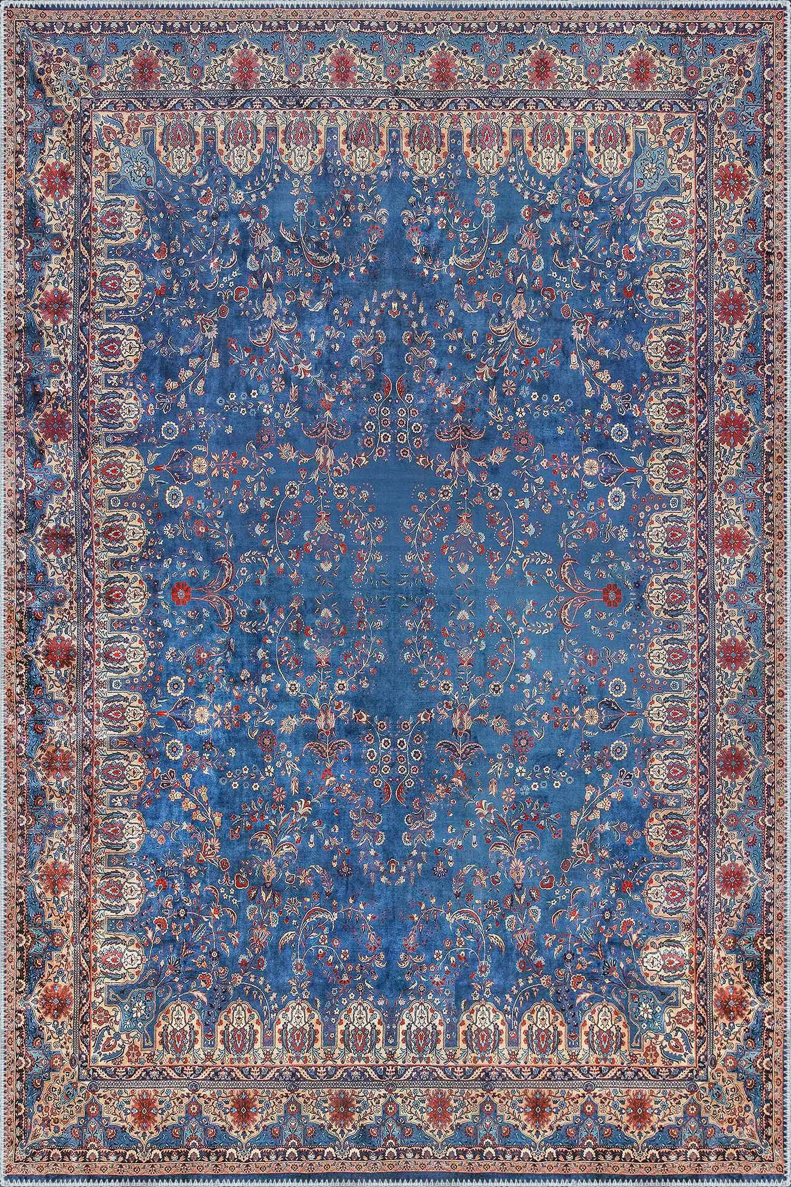 YcO2uE Beilen Çerçeveli Mavi Polyester ve Pamuklu Kaydırmaz Tabanlı Yıkanabilir Dijital Baskı Halısı - Görsel 1