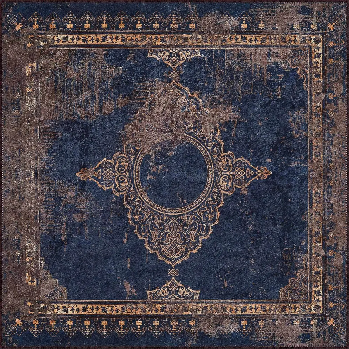 Borger Klasik Göbekli Lacivert Polyester ve Pamuklu Kaydırmaz Tabanlı Yıkanabilir Dijital Baskı Halısı - Görsel 3