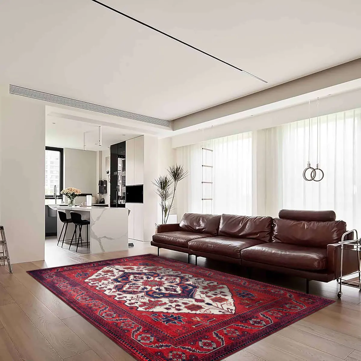 Rylte Klasik Göbekli Kırmızı Polyester ve Pamuklu Kaydırmaz Tabanlı Yıkanabilir Dijital Baskı Halısı - Görsel 2