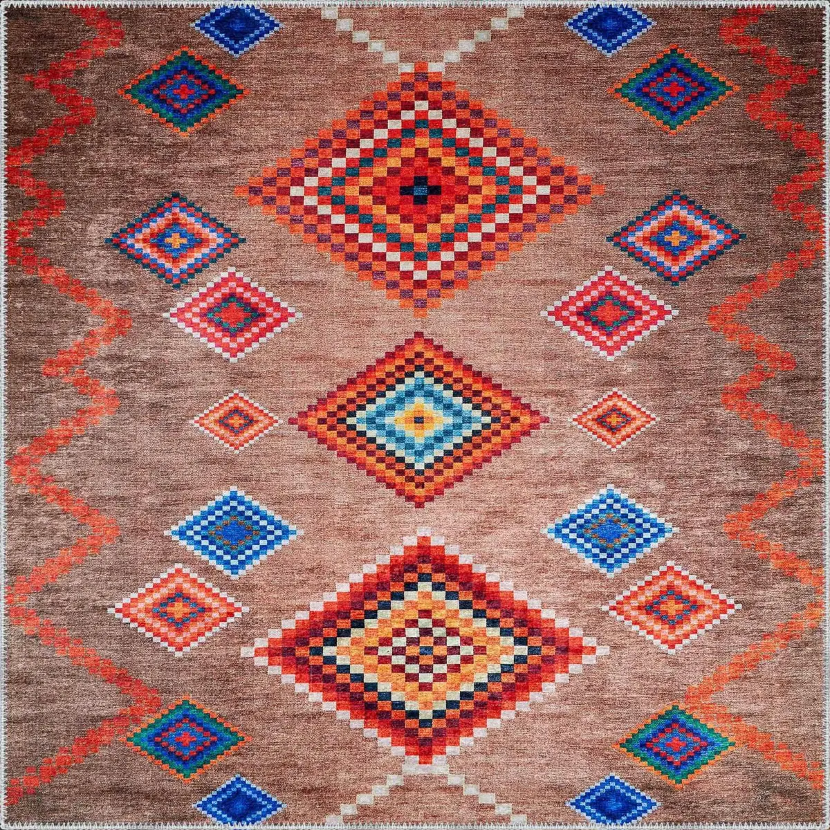 Alvear Geometrik Kahverengi Polyester ve Pamuklu Kaydırmaz Tabanlı Yıkanabilir Dijital Baskı Halısı - Görsel 3