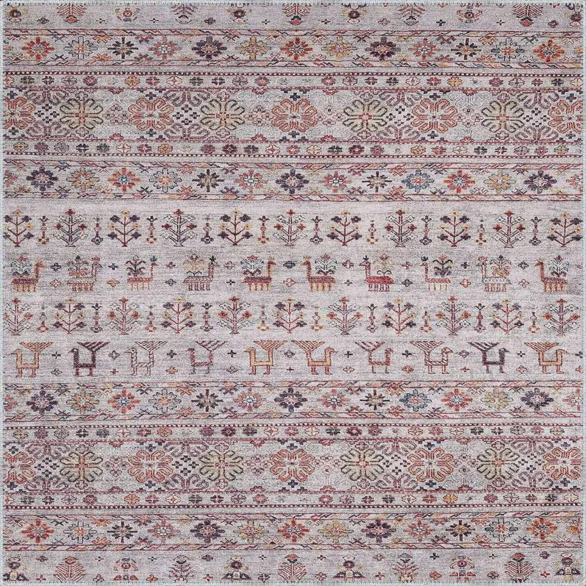 Perico Modern Etnik Gri Polyester ve Pamuklu Kaydırmaz Tabanlı Yıkanabilir Dijital Baskı Halısı - Görsel 3