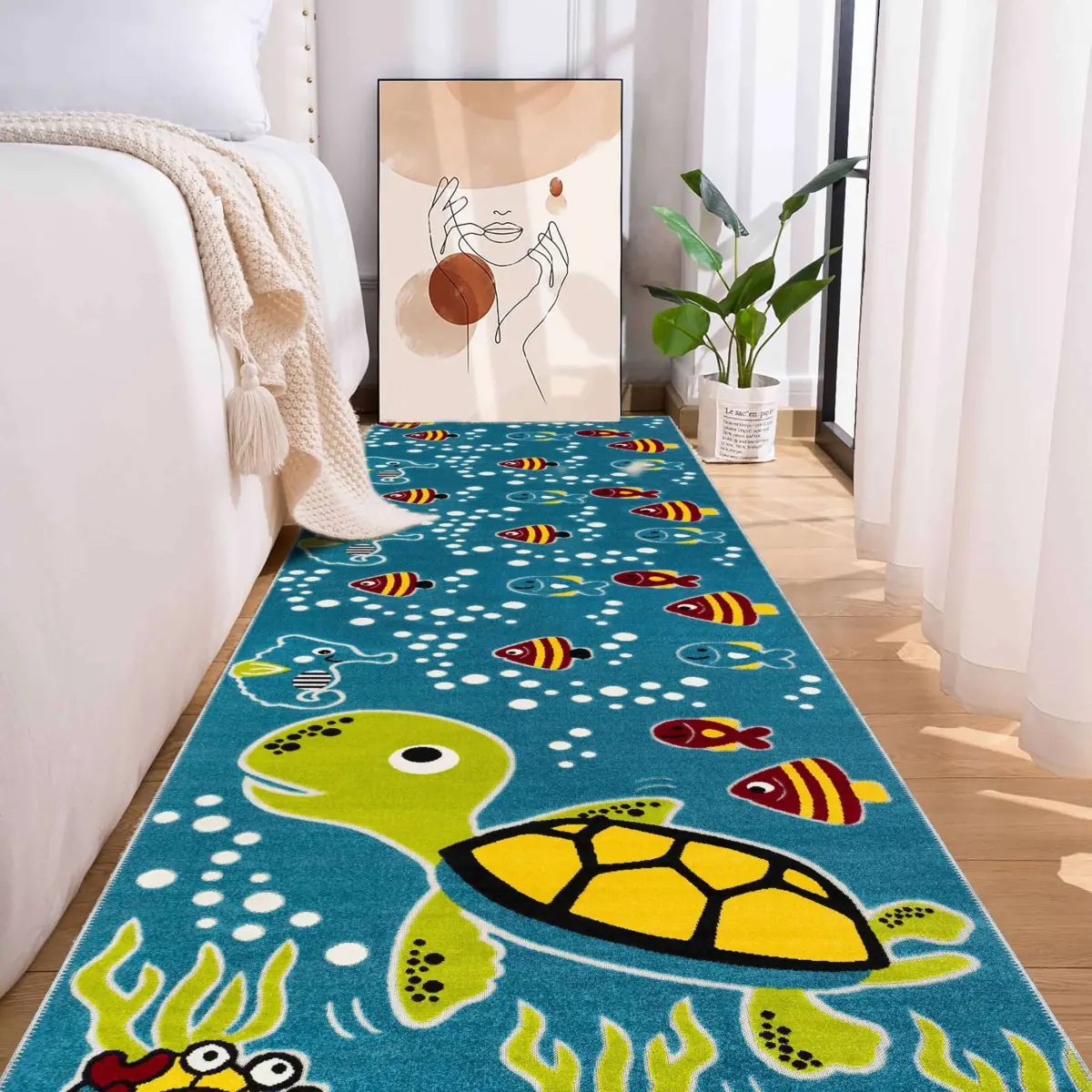 Parita Su Dünyası Desenli Mavi Polyester ve Pamuklu Kaydırmaz Tabanlı Yıkanabilir Dijital Baskı Çocuk Odası Halısı - Görsel 5