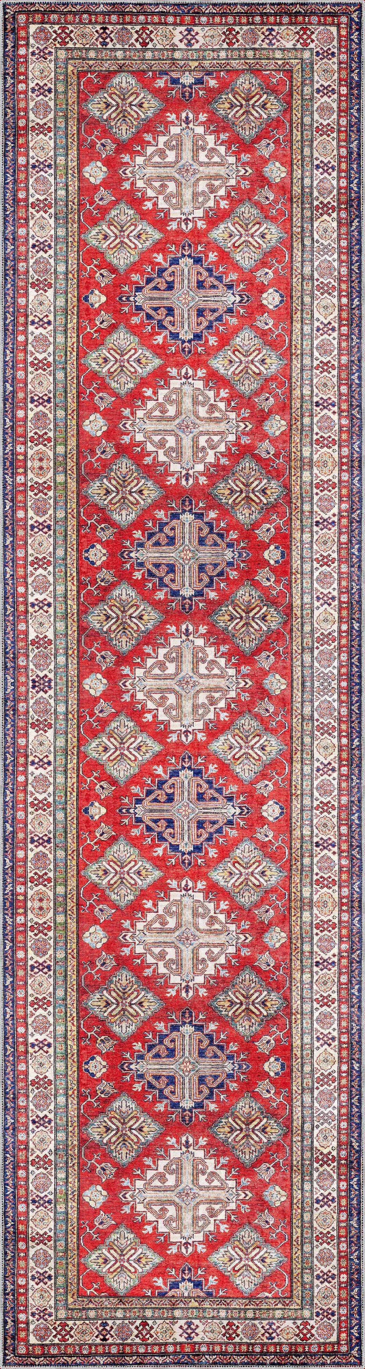 Sunne Çerçeveli Kırmızı Polyester ve Pamuklu Kaydırmaz Taban Yıkanabilir Dijital Baskı Halısı - Görsel 4