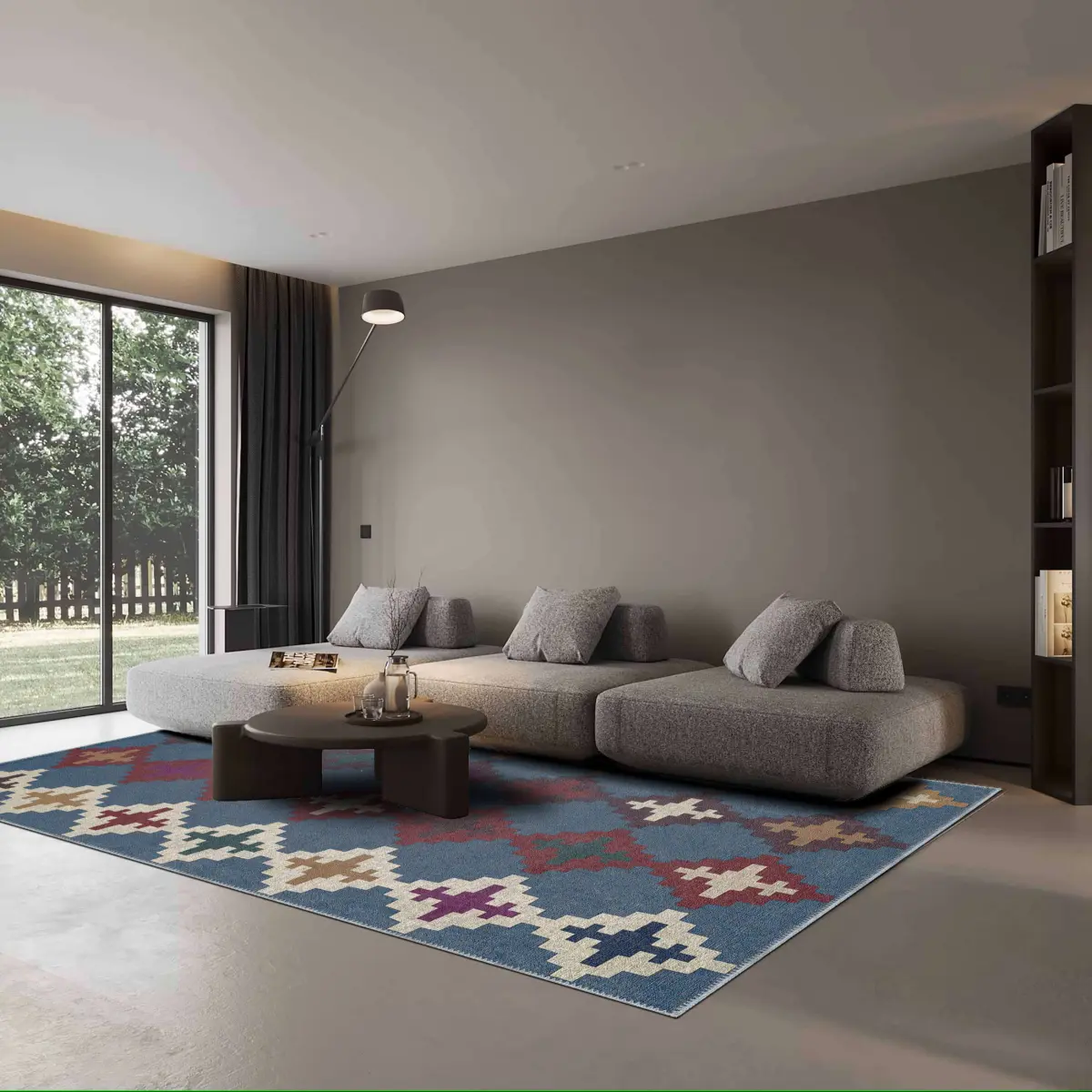 Luzia Geometrik Mavi Polyester ve Pamuklu Kaydırmaz Tabanlı Yıkanabilir Dijital Baskı Halısı - Görsel 2