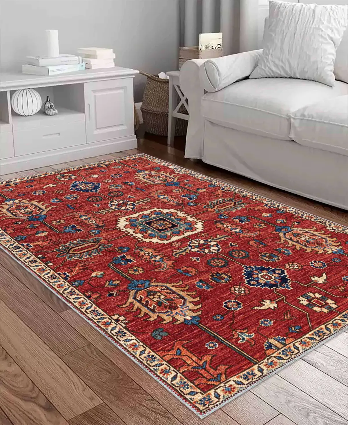 Lashio Klasik Göbekli Kırmızı Polyester ve Pamuklu Kaydırmaz Tabanlı Yıkanabilir Dijital Baskı Halısı - Görsel 2