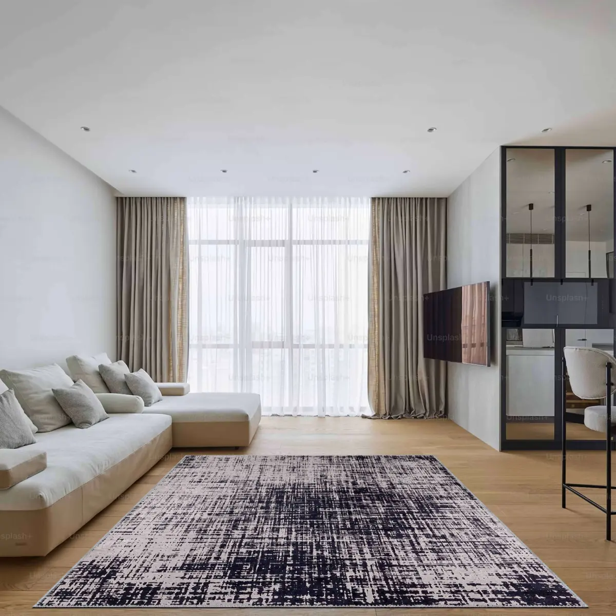 Sunel Modern Gri Polyester ve Pamuklu Kaydırmaz Tabanlı Yıkanabilir Dijital Baskı Halısı - Görsel 2