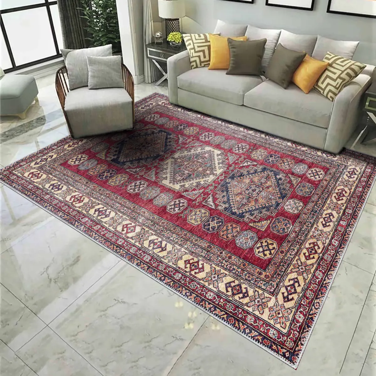 Hitra Klasik Göbekli Multi Polyester ve Pamuklu Kaydırmaz Taban Yıkanabilir Dijital Baskı Halısı - Görsel 2