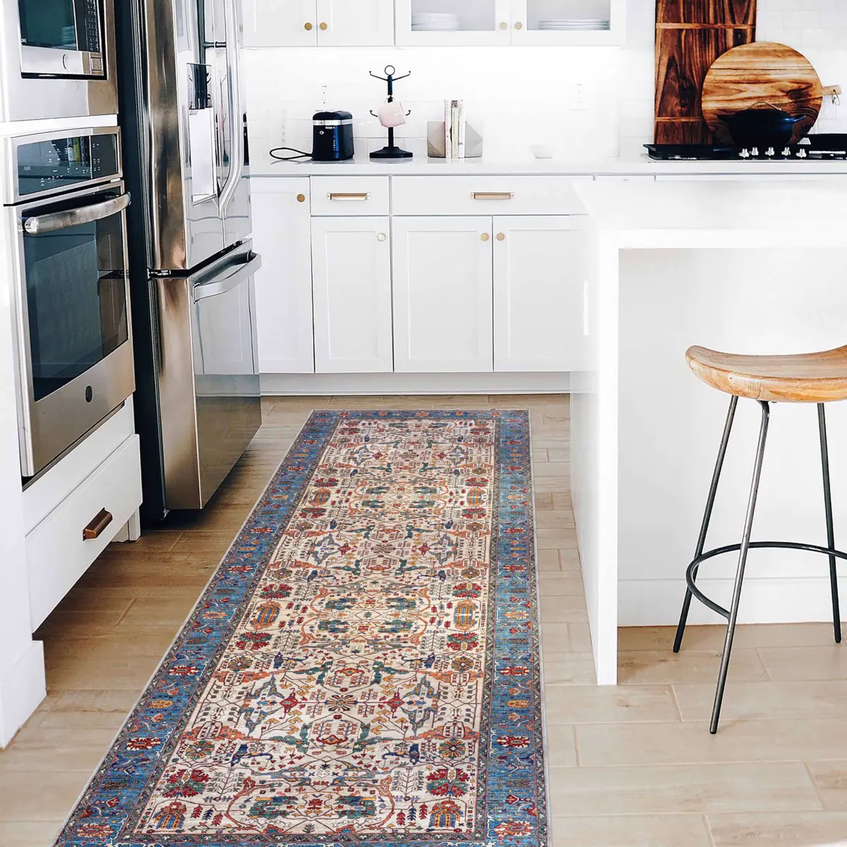 Jimo Çerçeveli Mavi Polyester ve Pamuklu Kaydırmaz Tabanlı Yıkanabilir Dijital Baskı Halısı - Görsel 5