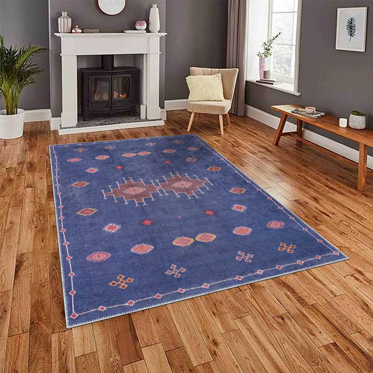 Avila Modern Etnik Lacivert Polyester ve Pamuklu Kaydırmaz Tabanlı Yıkanabilir Dijital Baskı Halısı - Görsel 2