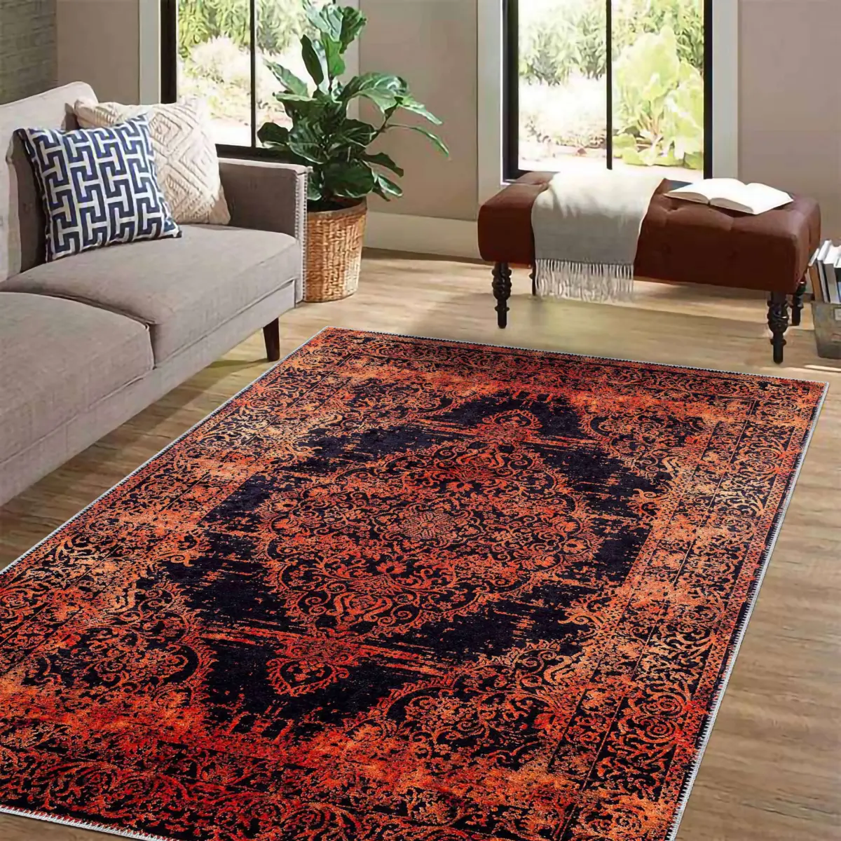 Horda Klasik Göbekli Turuncu Siyah  Polyester ve Pamuklu Kaydırmaz Tabanlı Yıkanabilir Dijital Baskı Halısı - Görsel 2