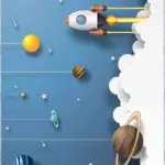 Pilon Uzay Desenli Mavi Polyester ve Pamuklu Kaydırmaz Tabanlı Yıkanabilir Dijital Baskı Çocuk Odası Halısı