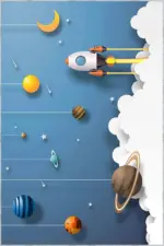 Pilon Uzay Desenli Mavi Polyester ve Pamuklu Kaydırmaz Tabanlı Yıkanabilir Dijital Baskı Çocuk Odası Halısı