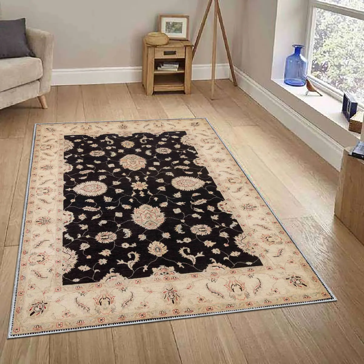 Turbat Klasik Göbekli Bej Siyah Polyester ve Pamuklu Kaydırmaz Tabanlı Yıkanabilir Dijital Baskı Halısı - Görsel 2