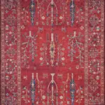 Bisira Çerçeveli Etnik Kırmızı Polyester ve Pamuklu Kaydırmaz Tabanlı Yıkanabilir Dijital Baskı Halısı