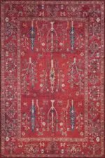 Bisira Çerçeveli Etnik Kırmızı Polyester ve Pamuklu Kaydırmaz Tabanlı Yıkanabilir Dijital Baskı Halısı