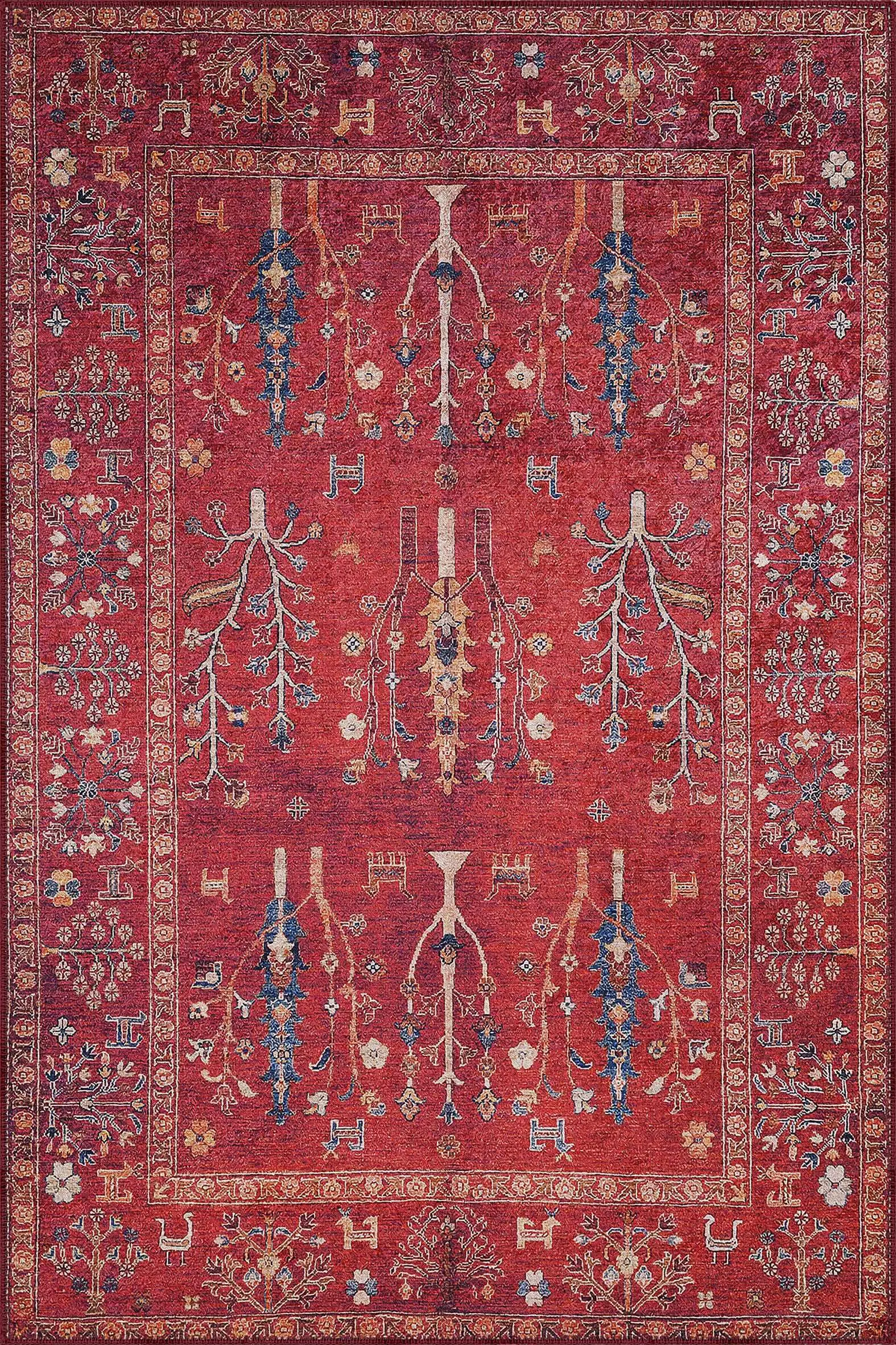 dwCge5 Bisira Çerçeveli Etnik Kırmızı Polyester ve Pamuklu Kaydırmaz Tabanlı Yıkanabilir Dijital Baskı Halısı - Görsel 1