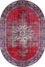 Falun Klasik Göbekli Kırmızı Polyester ve Pamuklu Kaydırmaz Taban Yıkanabilir Dijital Baskı Halısı - Görsel 6