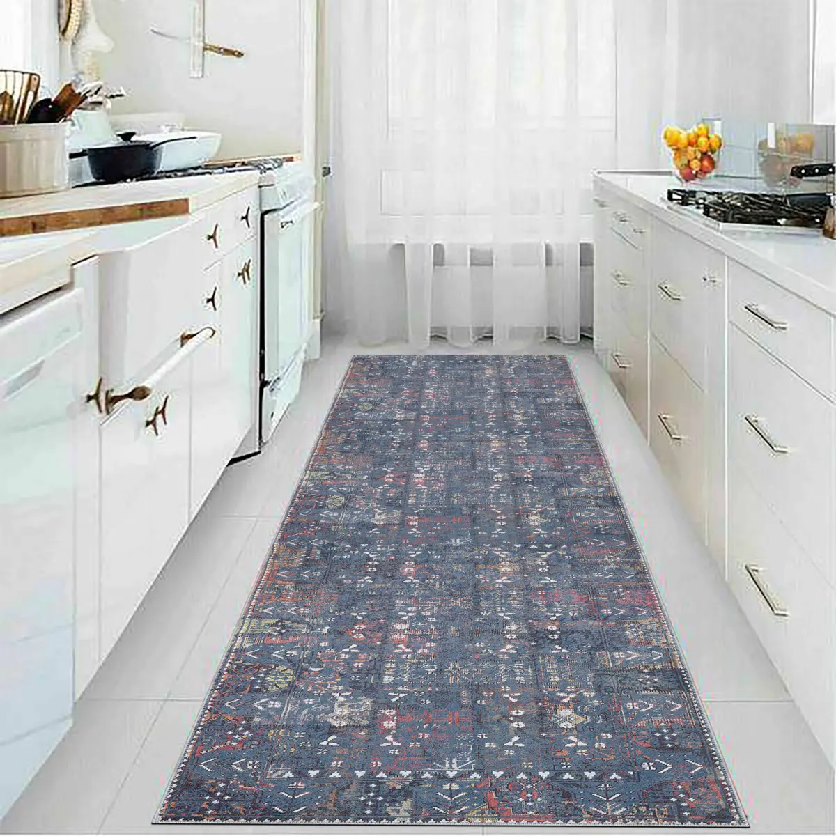 Drev Modern Mavi Polyester ve Pamuklu Kaydırmaz Tabanlı Yıkanabilir Dijital Baskı Halısı - Görsel 5