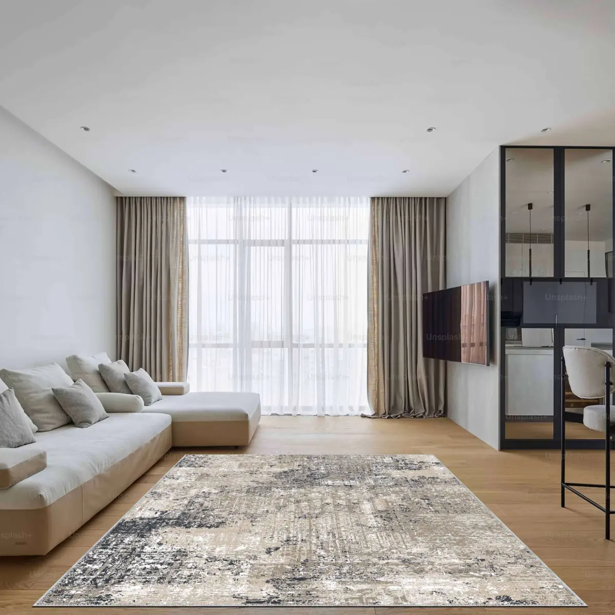 Habra Modern Gri Polyester ve Pamuklu Kaydırmaz Tabanlı Yıkanabilir Dijital Baskı Halısı - Görsel 2