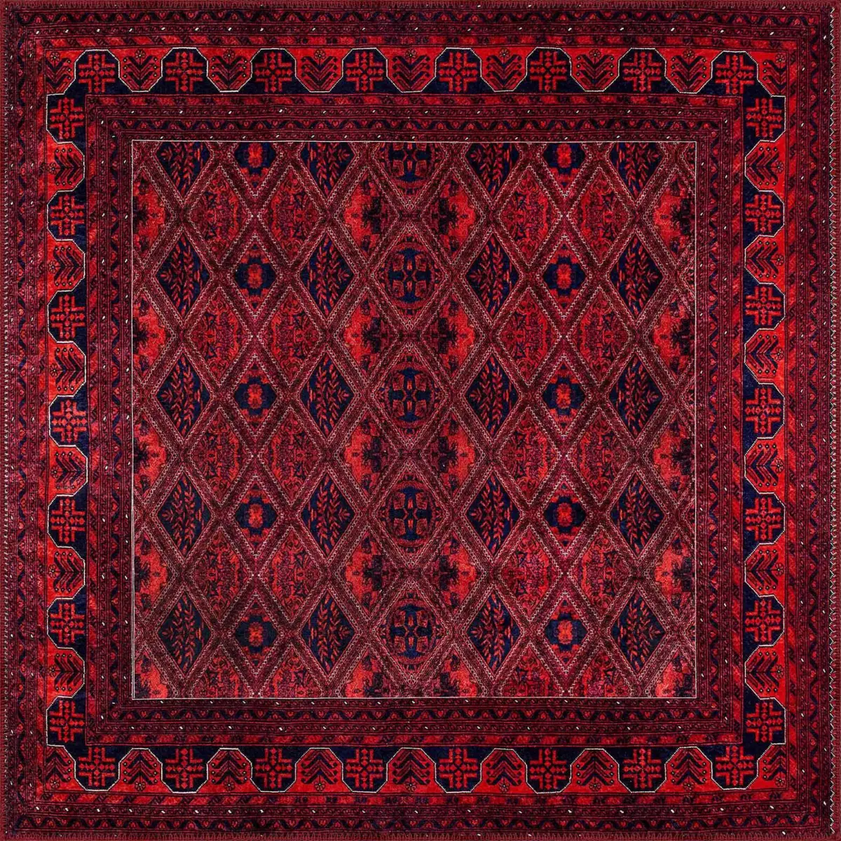 Alveste Çerçeveli Kırmızı Polyester ve Pamuklu Kaydırmaz Taban Yıkanabilir Dijital Baskı Halısı - Görsel 3