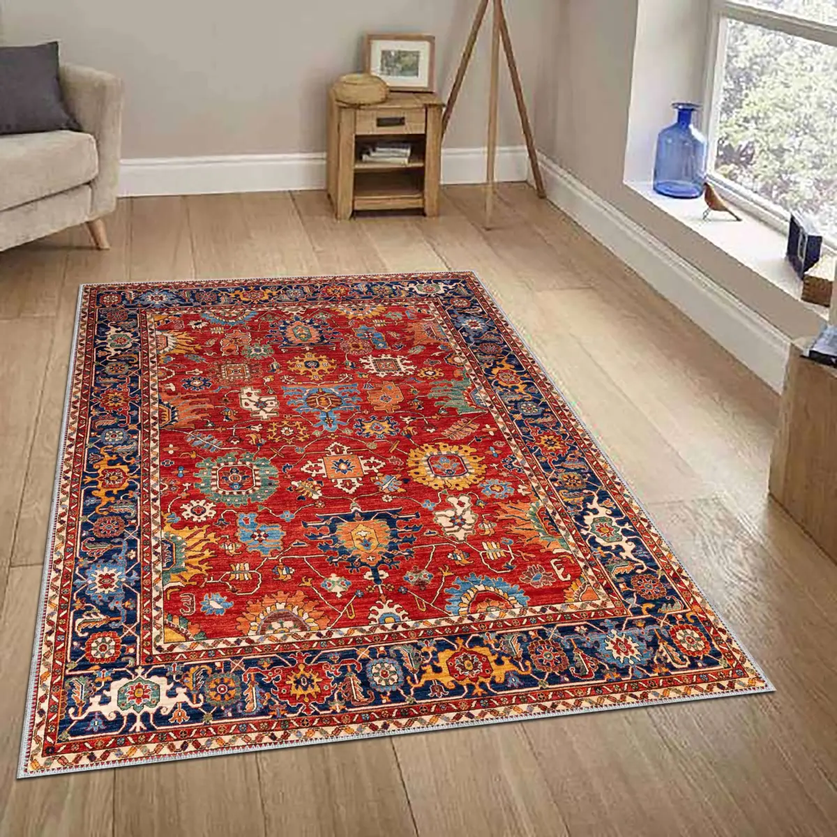 Sawan Çerçeveli Kırmızı Polyester ve Pamuklu Kaydırmaz Tabanlı Yıkanabilir Dijital Baskı Halısı - Görsel 2