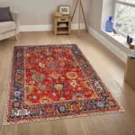 Sawan Çerçeveli Kırmızı Polyester ve Pamuklu Kaydırmaz Tabanlı Yıkanabilir Dijital Baskı Halısı - Görsel 2