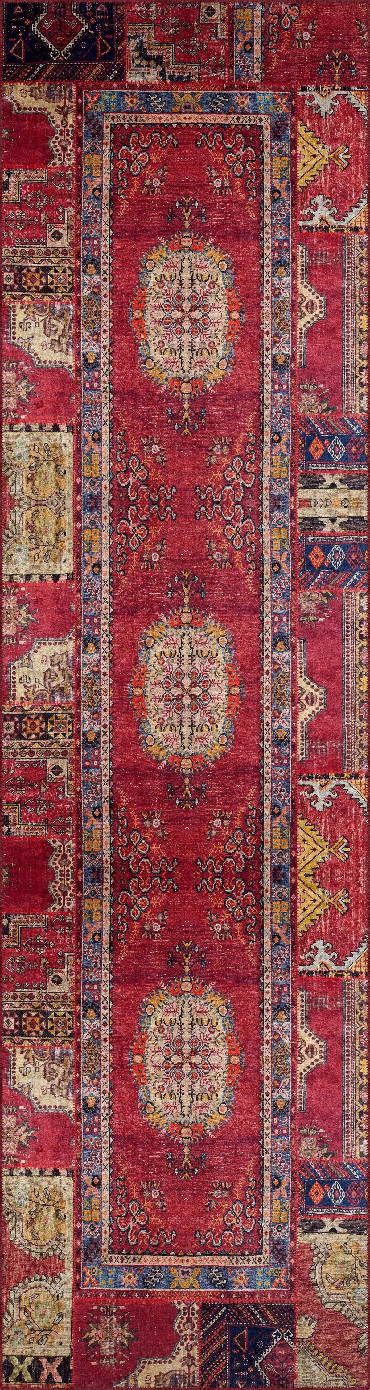 Hyen Çerçeveli Kırmızı Polyester ve Pamuklı Kaydırmaz Taban Yıkanabilir Dijital Daskı Halısı - Görsel 4