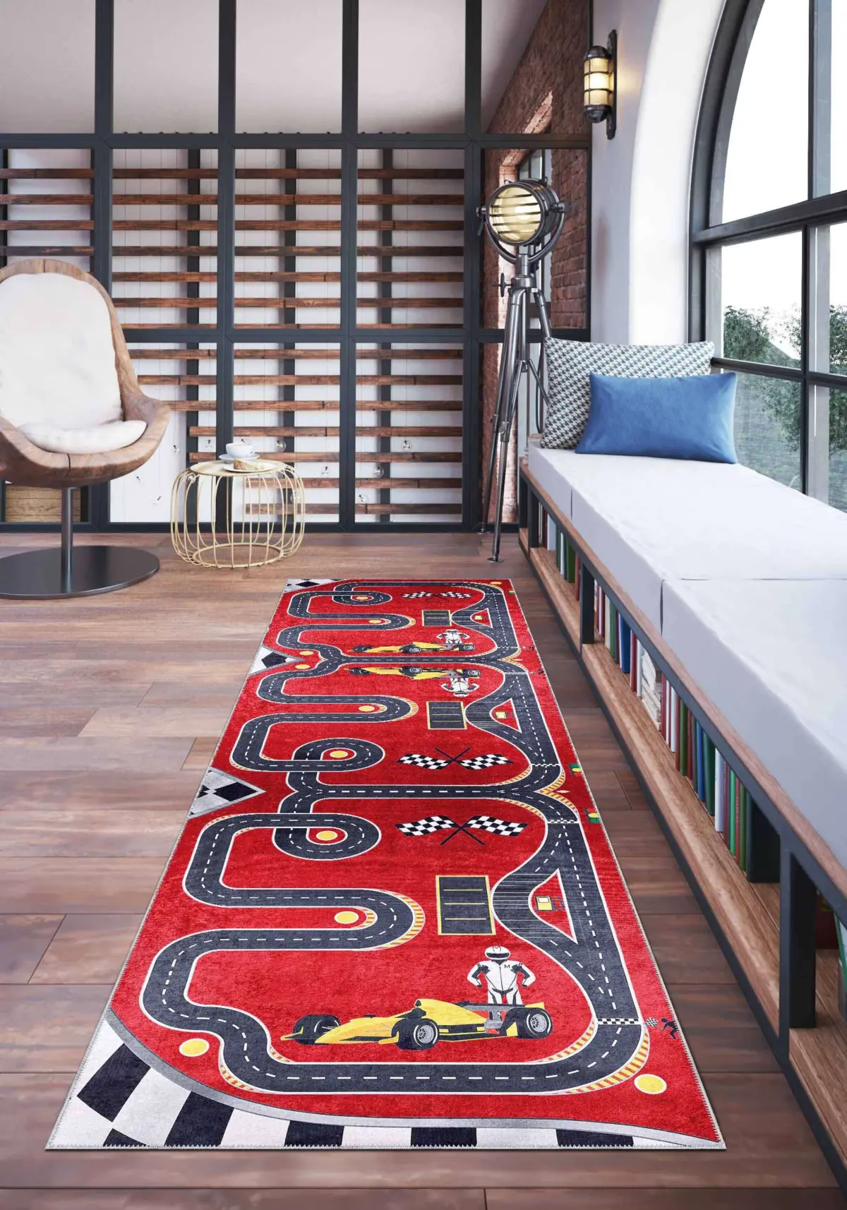 Toroo Yarış Pisti Desenli Kırmızı Polyester ve Pamuklu Kaydırmaz Tabanlı Yıkanabilir Dijital Baskı Çocuk Odası Halısı - Görsel 5