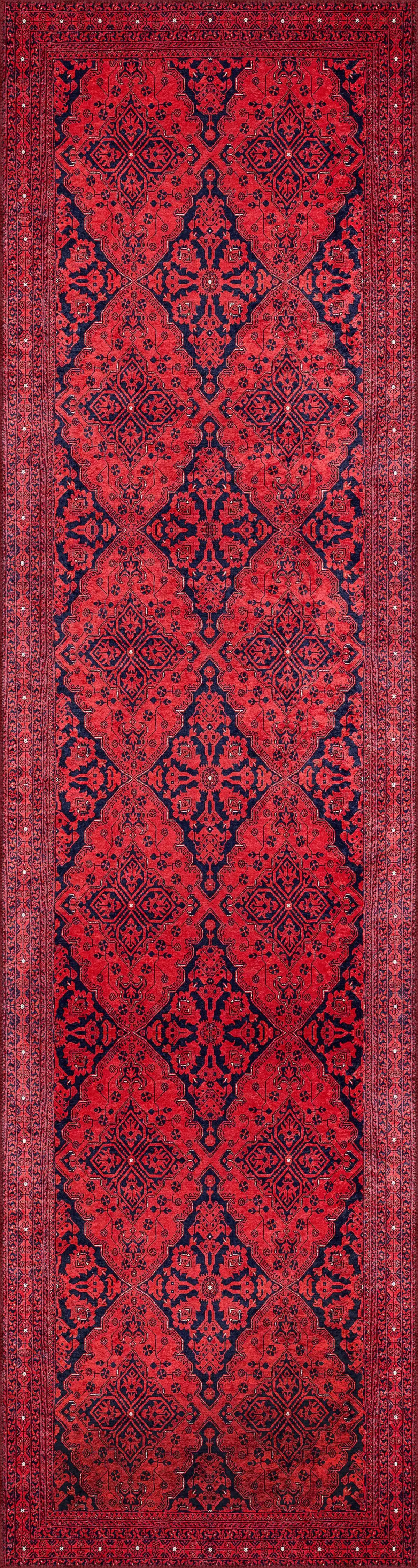 Harlov Klasik Göbekli Kırmızı Polyester ve Pamuklu Kaydırmaz Taban Yıkanabilir Dijital Baskı Halısı - Görsel 4