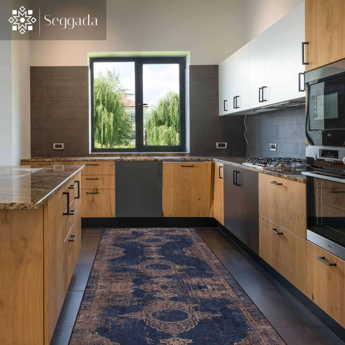 Borger Klasik Göbekli Lacivert Polyester ve Pamuklu Kaydırmaz Tabanlı Yıkanabilir Dijital Baskı Halısı - Görsel 5