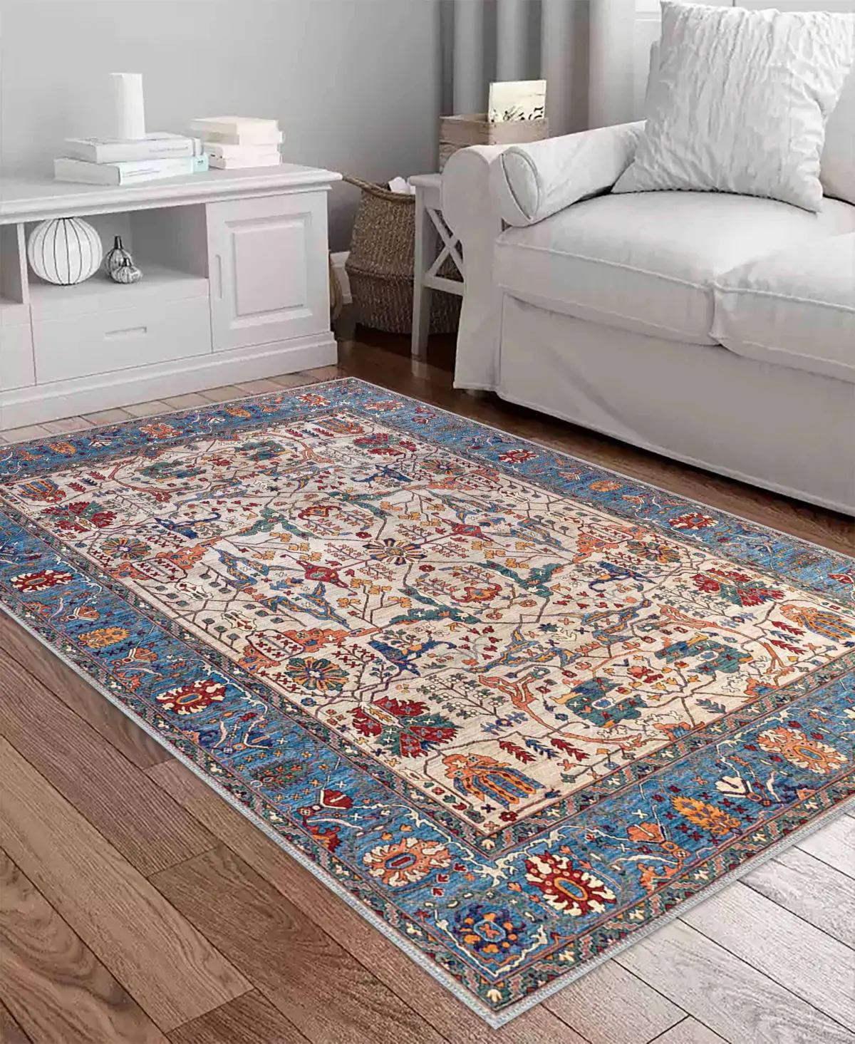 Jimo Çerçeveli Mavi Polyester ve Pamuklu Kaydırmaz Tabanlı Yıkanabilir Dijital Baskı Halısı - Görsel 2