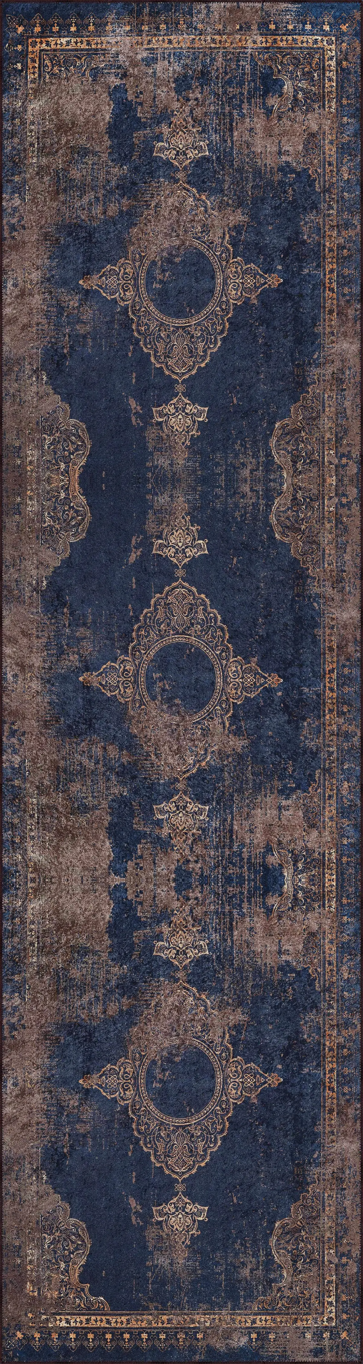 Borger Klasik Göbekli Lacivert Polyester ve Pamuklu Kaydırmaz Tabanlı Yıkanabilir Dijital Baskı Halısı - Görsel 4