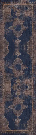 Borger Klasik Göbekli Lacivert Polyester ve Pamuklu Kaydırmaz Tabanlı Yıkanabilir Dijital Baskı Halısı - Görsel 4