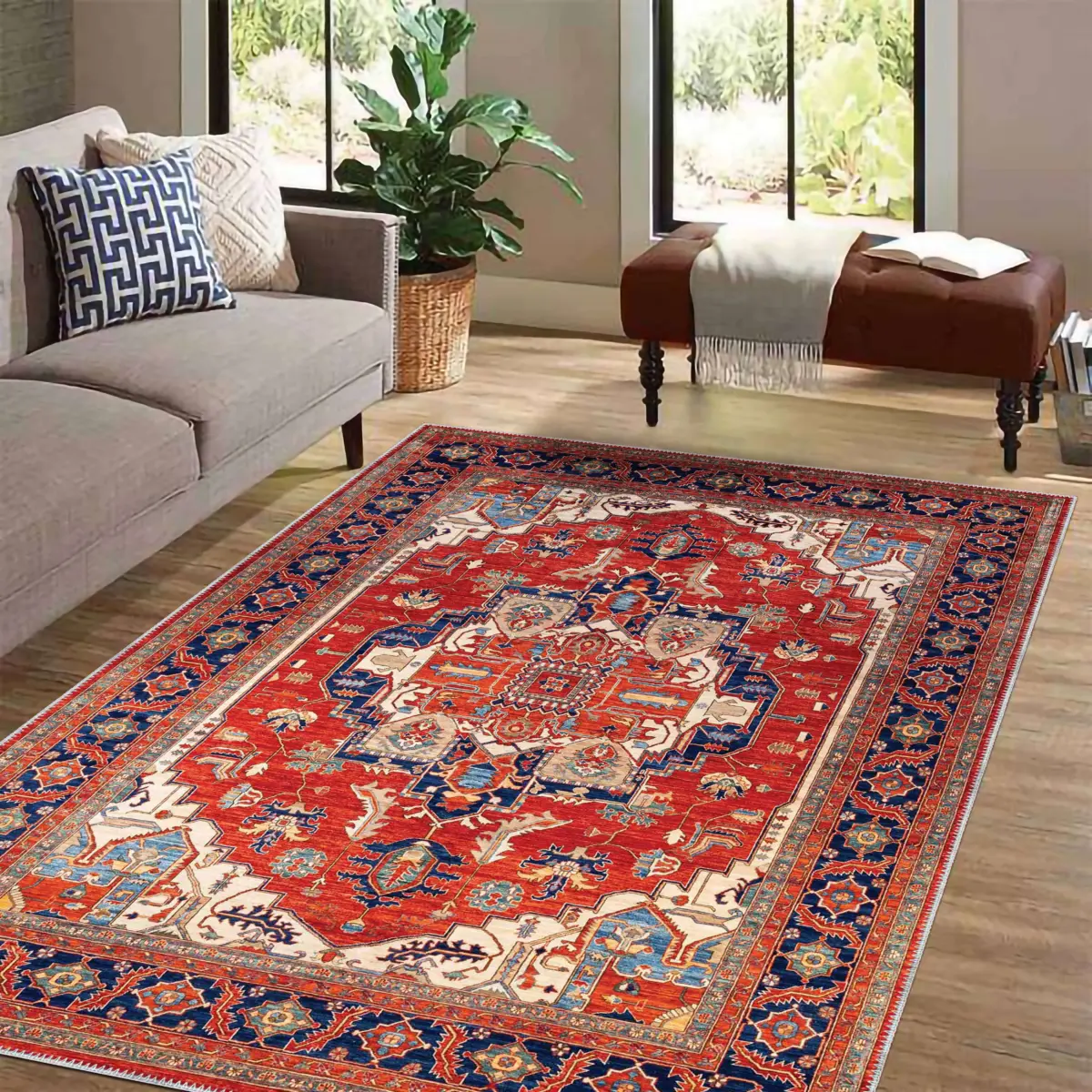 Hanno Klasik Göbekli Kırmızı Polyester ve Pamuklı Kaydırmaz Tabanlı Yıkanabilir Dijital Baskı Halısı - Görsel 2