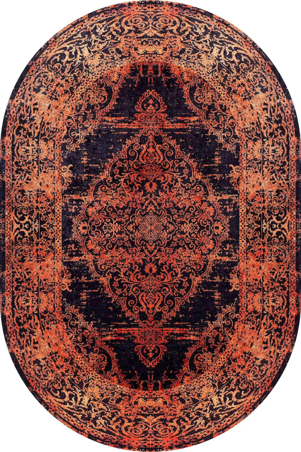 Horda Klasik Göbekli Turuncu Siyah  Polyester ve Pamuklu Kaydırmaz Tabanlı Yıkanabilir Dijital Baskı Halısı - Görsel 6