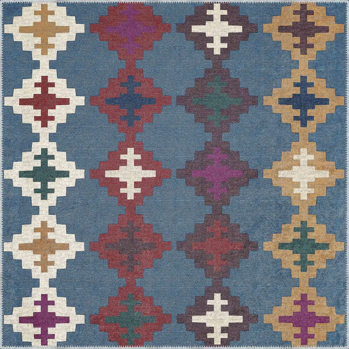 Luzia Geometrik Mavi Polyester ve Pamuklu Kaydırmaz Tabanlı Yıkanabilir Dijital Baskı Halısı - Görsel 3