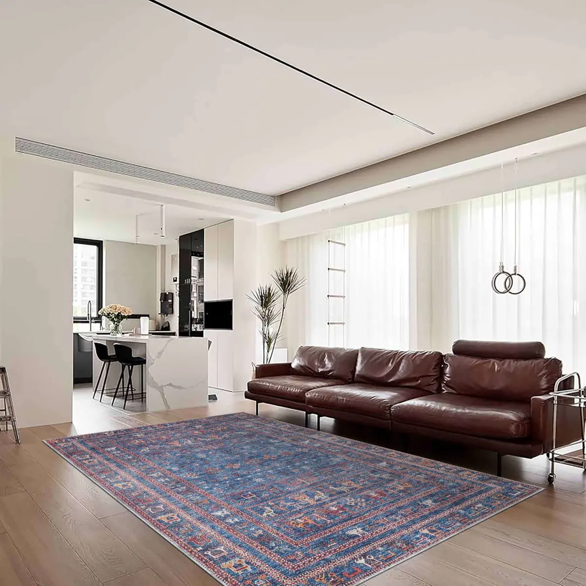 Canaza Modern Etnik Mavi Polyester ve Pamuklu Kaydırmaz Tabanlı Yıkanabilir Dijital Baskı Halısı - Görsel 2