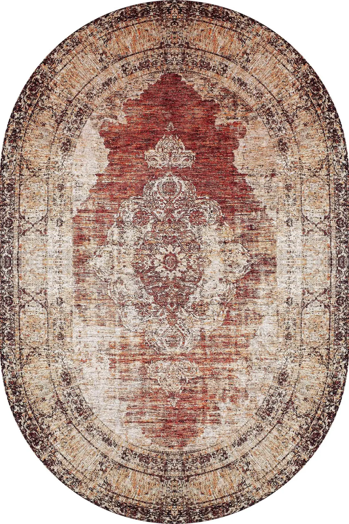 Loten Klasik Göbekli Kahverengi Polyester ve Pamuklu Kaydımaz Taban Yıkanabilir Dijital Baskı Halısı - Görsel 6