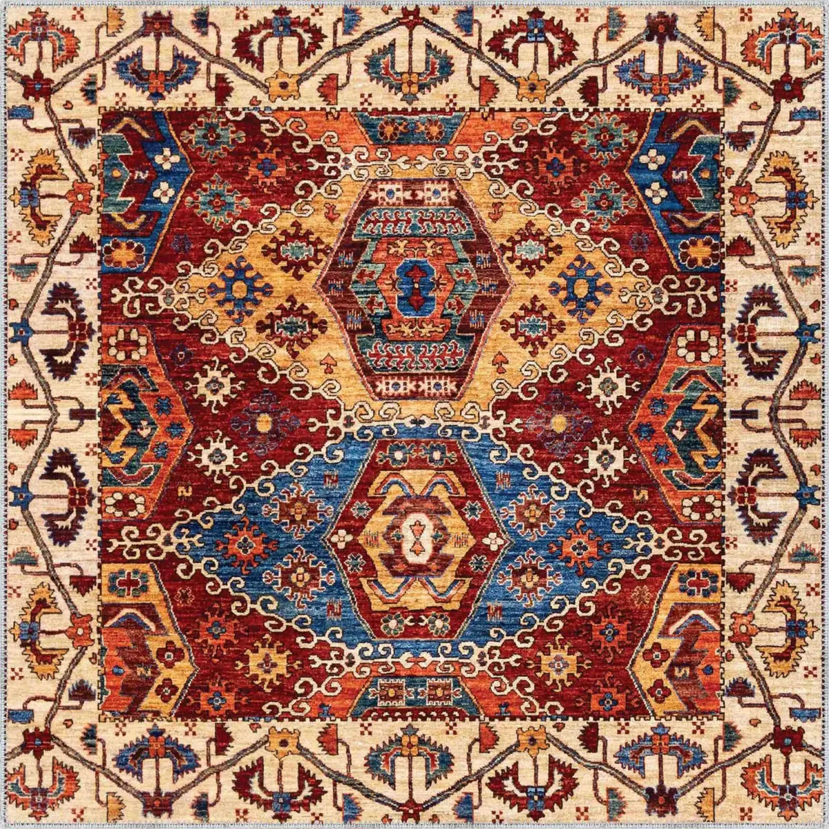 Mengla Klasik Göbekli Multi Polyester ve Pamuklu Kaydırmaz Tabanlı Yıkanabilir Dijital Baskı Halısı - Görsel 3