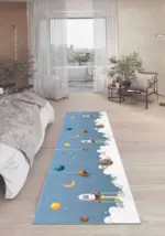 Pilon Uzay Desenli Mavi Polyester ve Pamuklu Kaydırmaz Tabanlı Yıkanabilir Dijital Baskı Çocuk Odası Halısı - Görsel 5