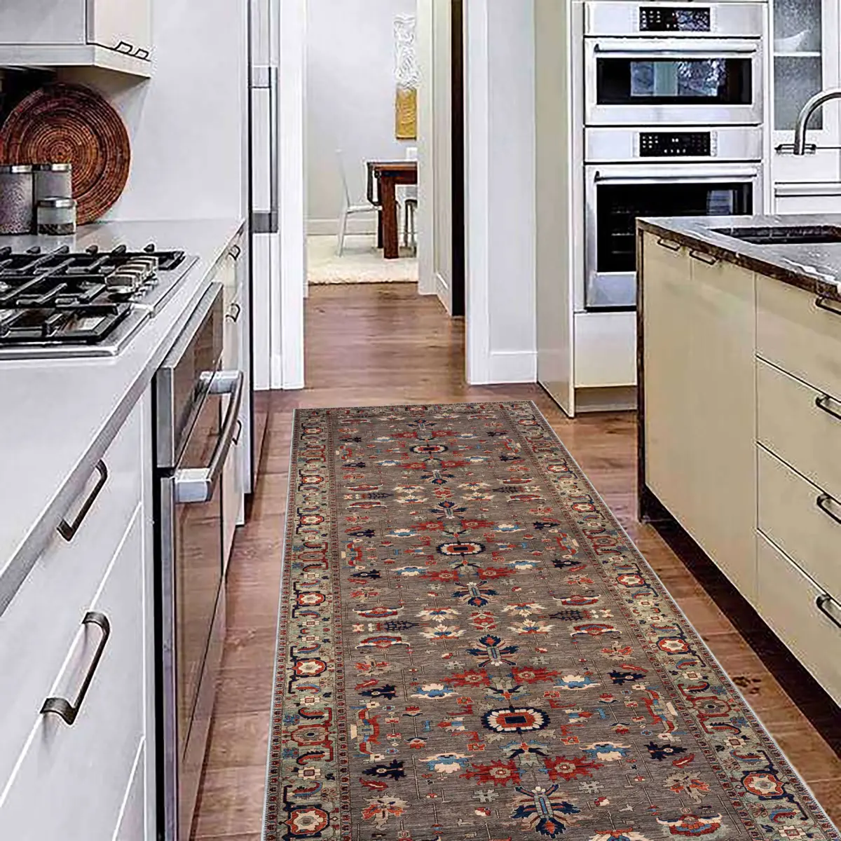 Gannan Klasik Göbekli Gri Polyester ve Pamuklu Kaydırmaz Tabanlı Yıkanabilir Dijital Baskı Halısı - Görsel 5