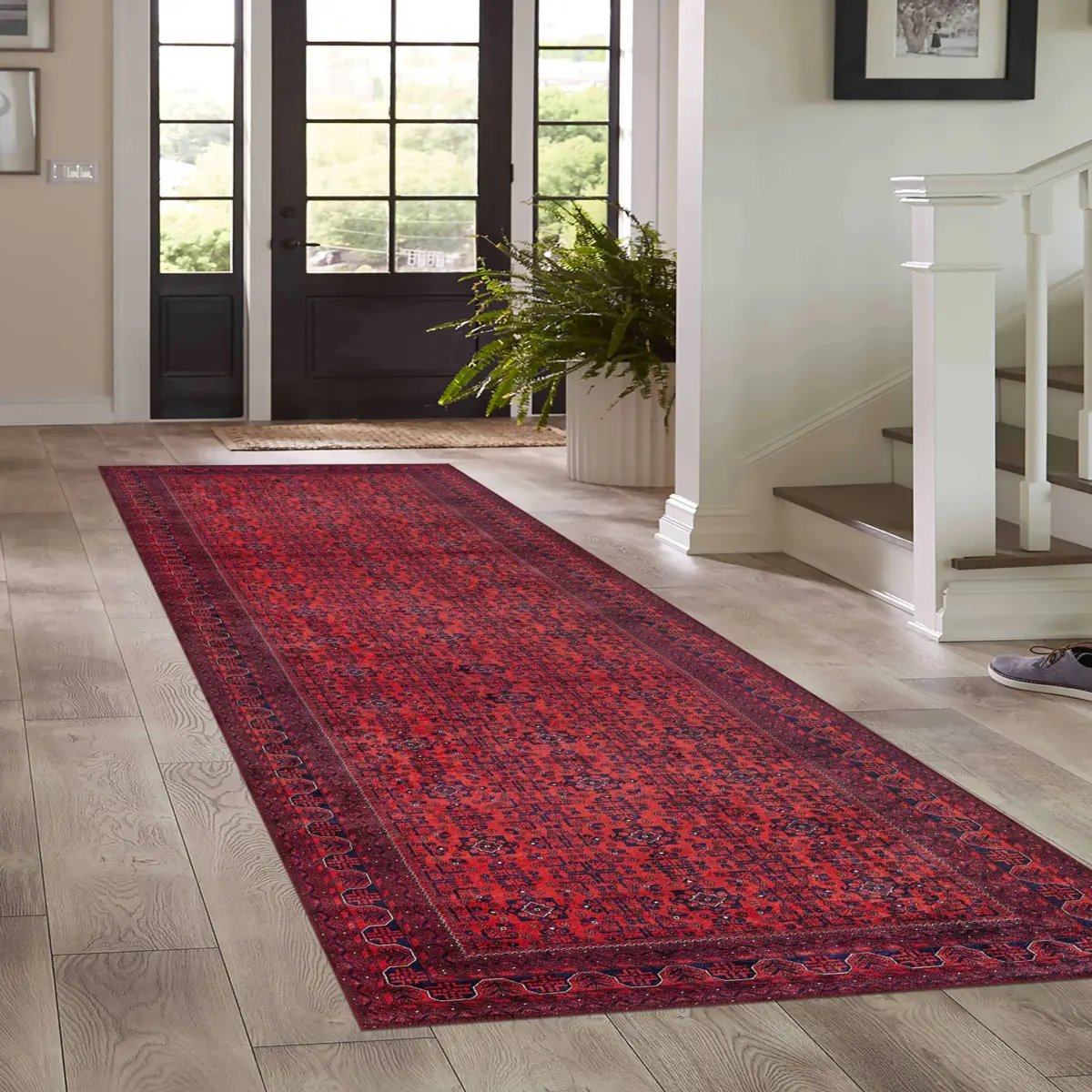 Alveste Çerçeveli Kırmızı Polyester ve Pamuklu Kaydırmaz Taban Yıkanabilir Dijital Baskı Halısı - Görsel 5