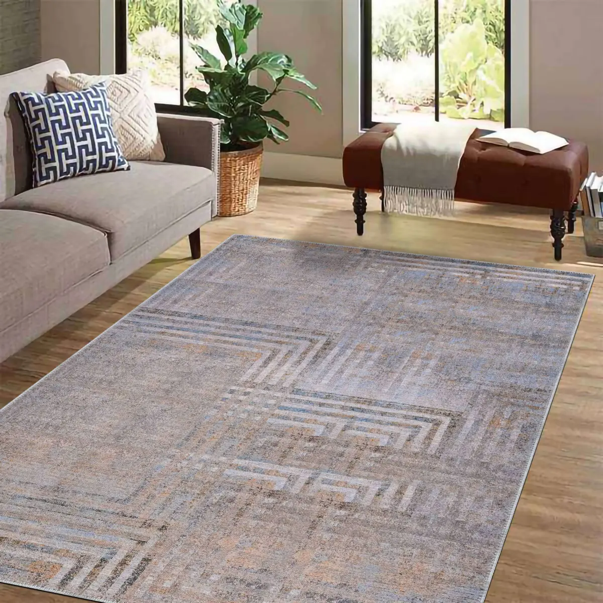 Seoni Geometrik Gri Polyester ve Pamuklu Kaydırmaz Tabanlı Yıkanabilir Dijital Baskı Halısı - Görsel 2