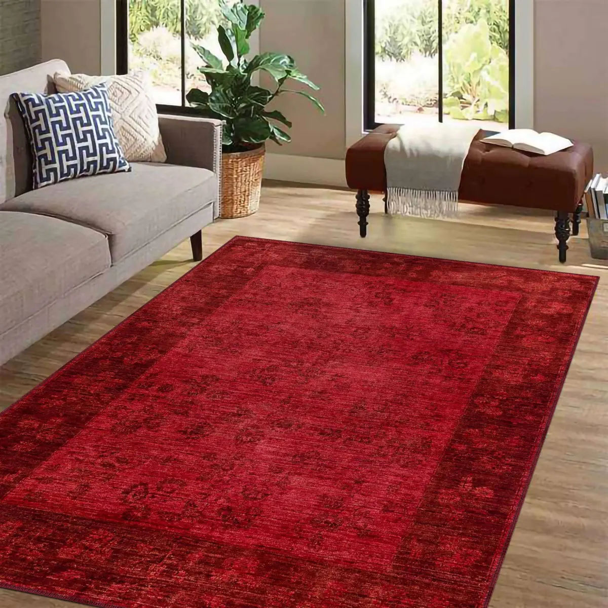 Sirohi Çerçeveli Kırmızı Polyester ve Pamuklu Kaydırmaz Tabanlı Yıkanabilir Dijital Baskı Halısı - Görsel 2