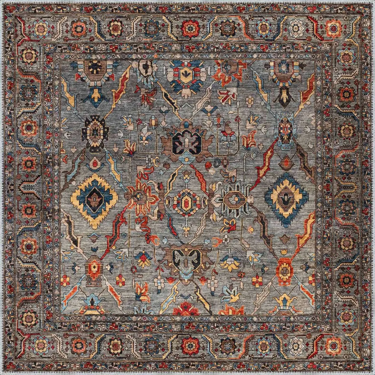 İnzai Çerçeveli Gri Polyester ve Pamuklu Kaydırmaz Tabanlı Yıkanabilir Dijital Baskı Halısı - Görsel 3