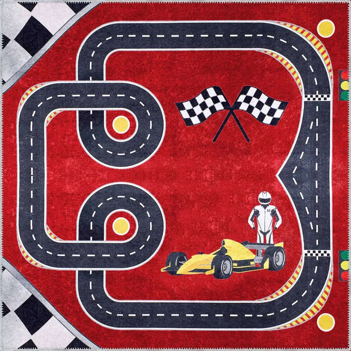 Toroo Yarış Pisti Desenli Kırmızı Polyester ve Pamuklu Kaydırmaz Tabanlı Yıkanabilir Dijital Baskı Çocuk Odası Halısı - Görsel 3