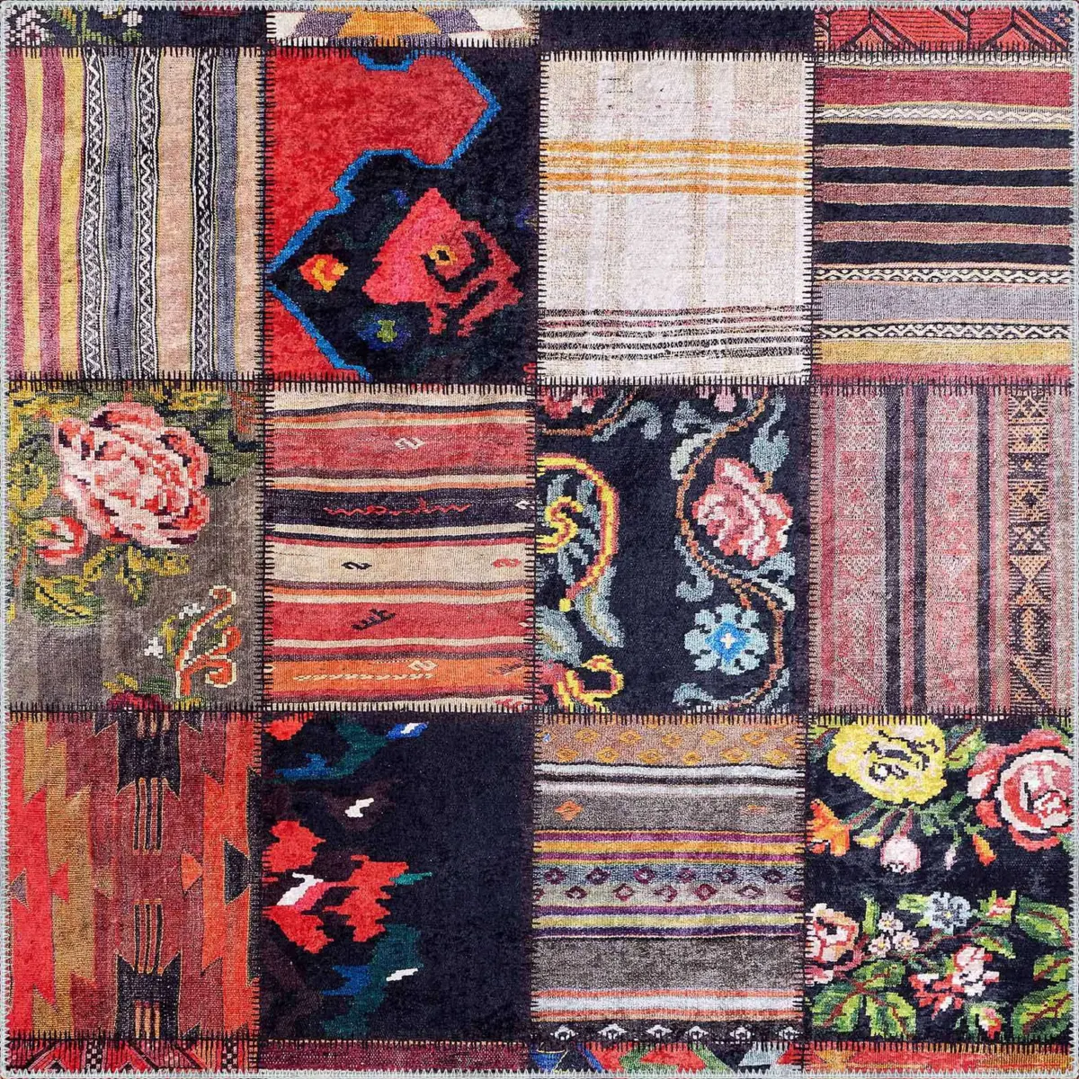 Asele Patchwork Multi Polyester ve Pamuklu Kaydırmaz Taban Yıkanabilir Dijital Baskı Halısı - Görsel 3