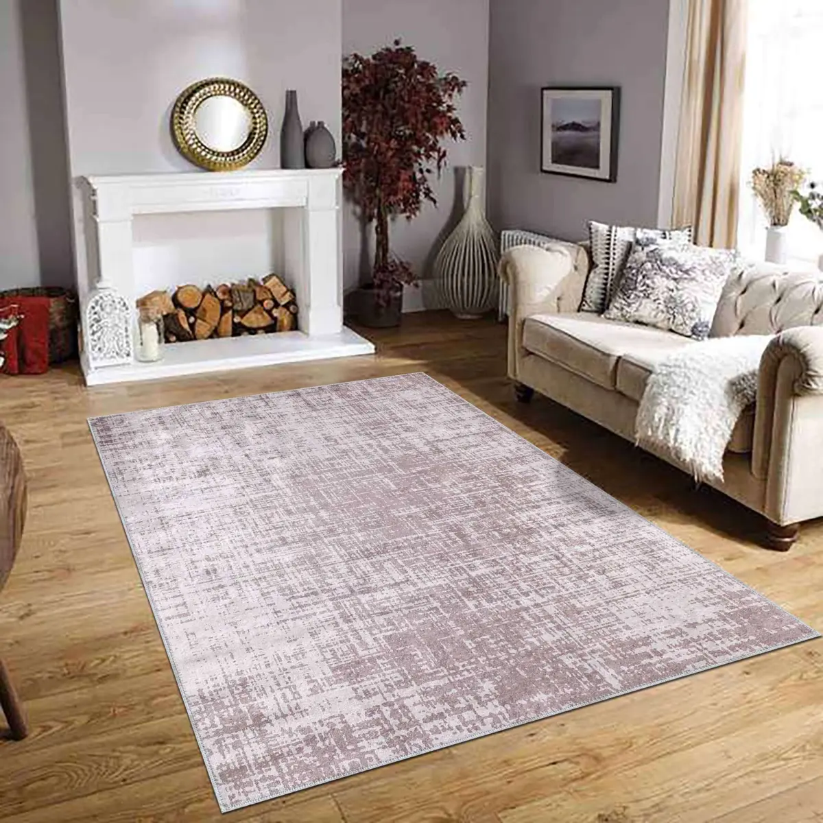 Datia Modern Bej Polyester ve Pamuklu Kaydırmaz Tabanlı Yıkanabilir Dijital Baskı Halısı - Görsel 2