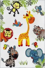 Abajo Sevimli Dostlar Desenli Beyaz Polyester ve Pamuklu Kaydırmaz Tabanlı Yıkanabilir Dijital Baskı Çcok Odası Halısı